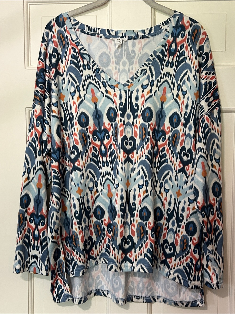 Tribal Large V-Neck Tunic Top white with multi color ikat boho print blue coral